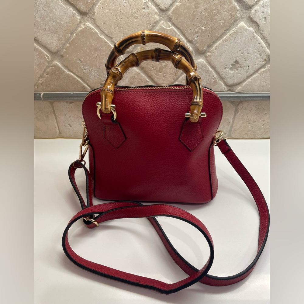 Andrea Cardone Italian Leather Red Bamboo Handle Women's Bag